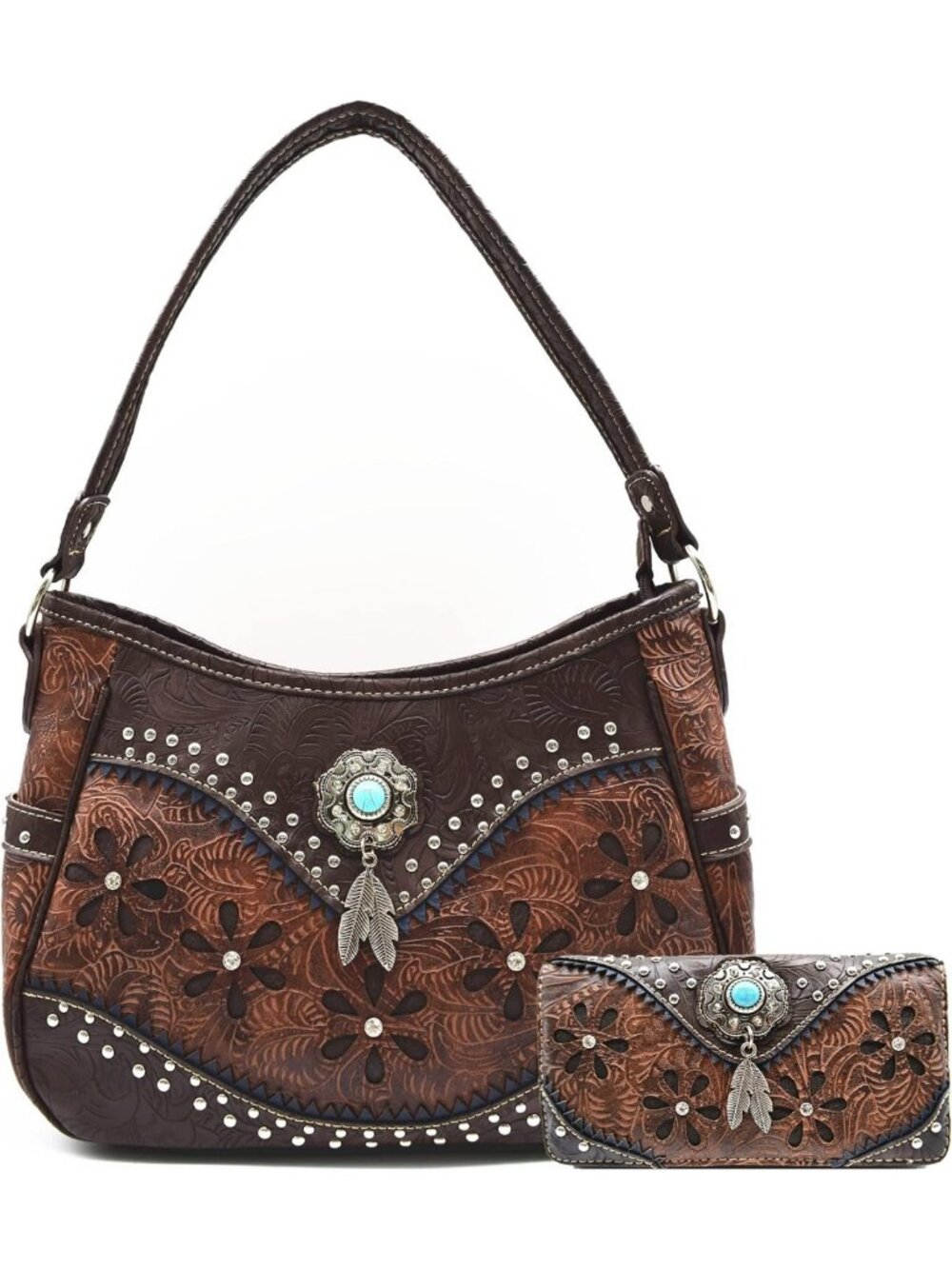 Floral Tooled Western Shoulder Bag & Wallet Set - Stylish Country Purse for